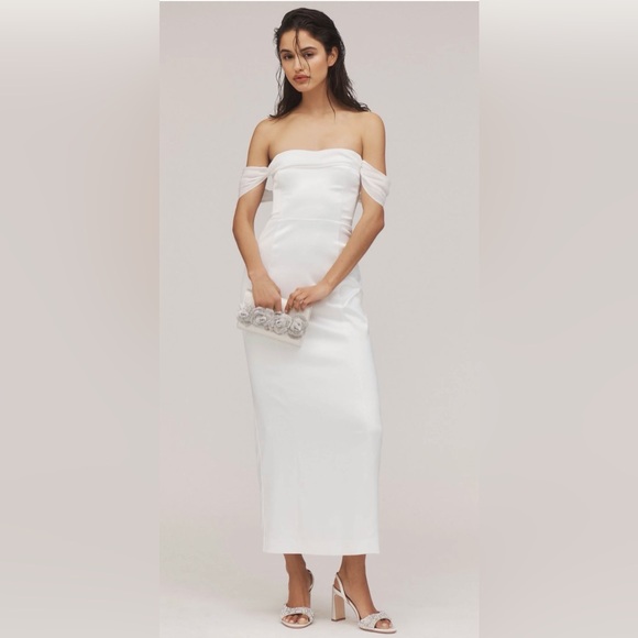 BHLDN Dresses & Skirts - NWT BHLDN Off-The-Shoulder Lace-Up Satin Column Midi Dress